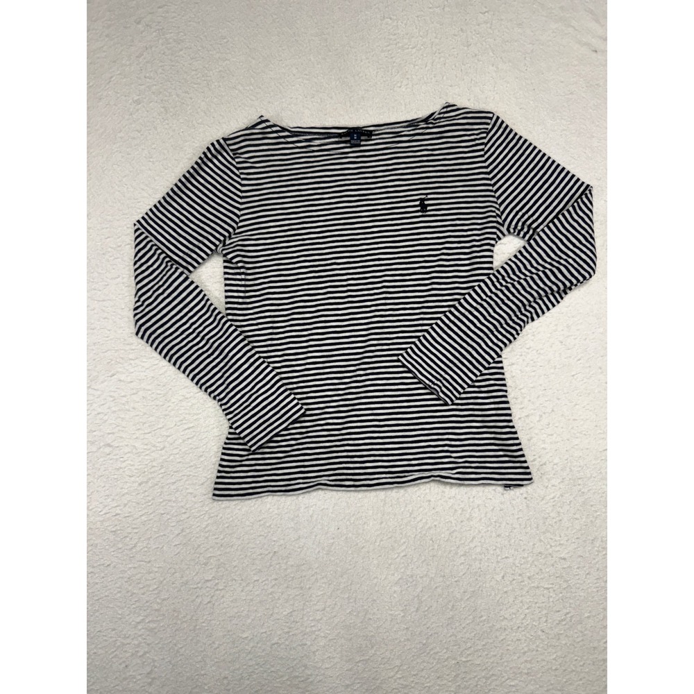 Ralph Lauren Womens Navy Blue White Striped Boat Neck Long Sleeve Shirt M